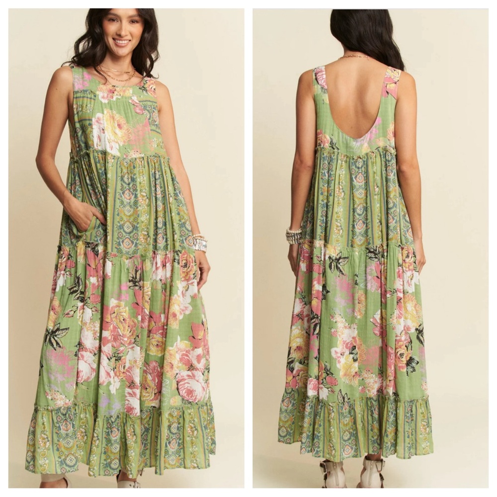 NWT Davi & Dani Vintage Print Tiered Maxi Dress Sage Green Medium Floral - Picture 16 of 16